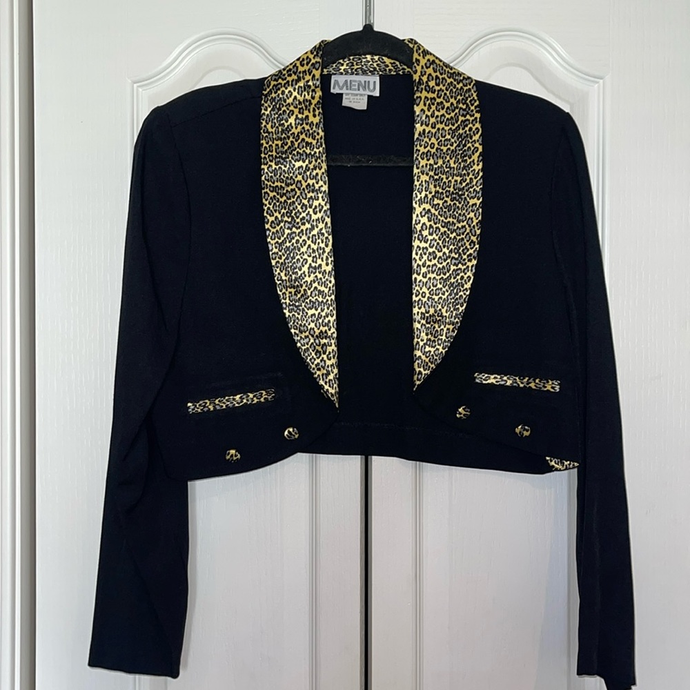 Vintage MENU Black Cropped Blazer with Leopard Trim/Details